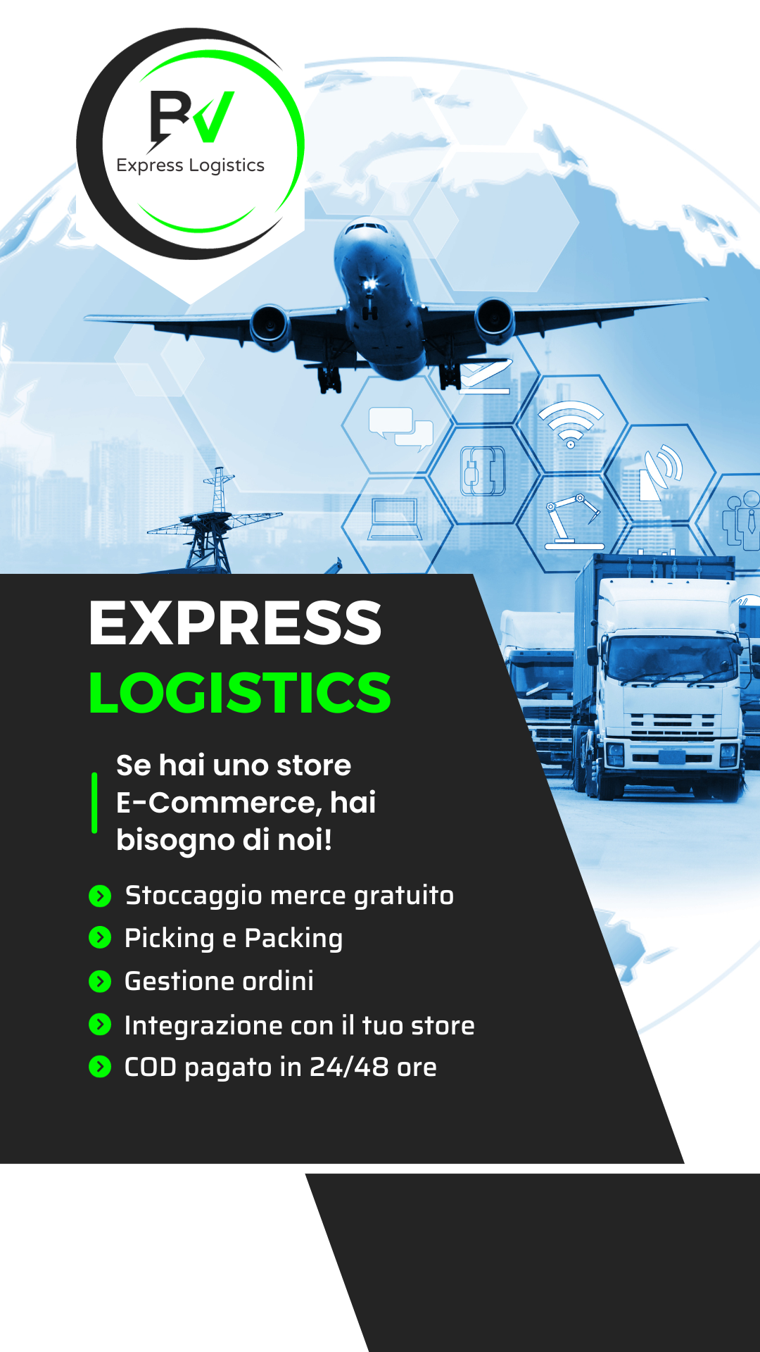 Logistica per E-Commerce e Dropshipping che spedisce e consegna in 24/48 ore, spedizione in tutta Italia e in Europa. Rimessa del COD (contrassegni) il giorno dopo, in sole 24 ore. spedizione contrassegno veloce , logistica per e-commerce